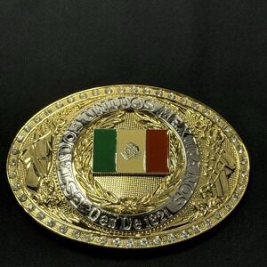 Estados Unidos Mexicanos 1821 Texas USA Large Gold Belt Buckle w/Enameled Flag